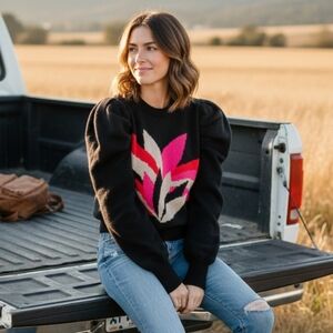 Shein Sz M Womens Sweater 80's Style Abstract Black/ Pink/ Red/Cream Valentine